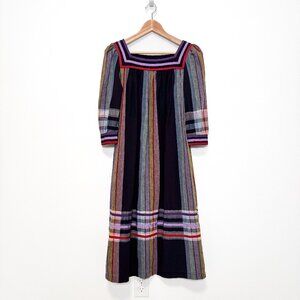 Vintage Multicolor Plaid Cotton Square Neck Puff Sleeve Midi Dress Size 11/12